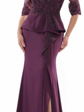 Rina diMontella Plum/Eggplant Peplum Gown with Drape Detail